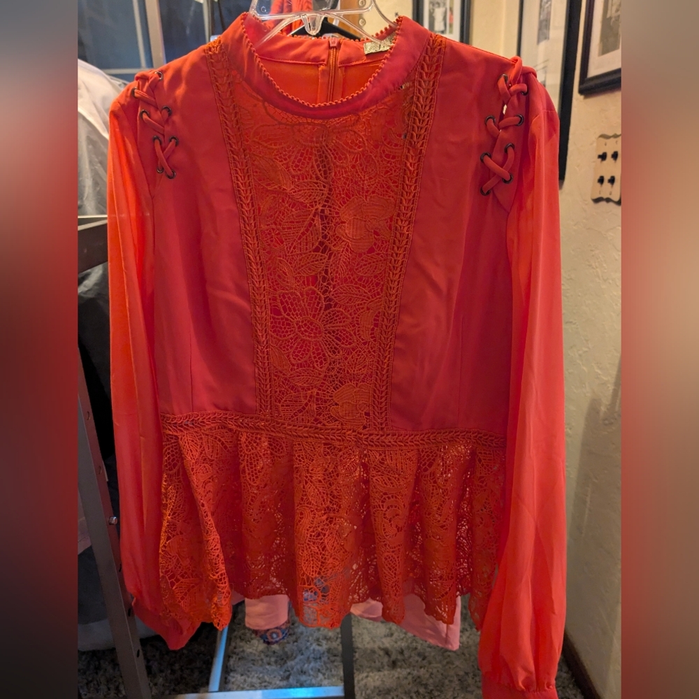 Orange Lace Peplum Blouse with Long Sleeves